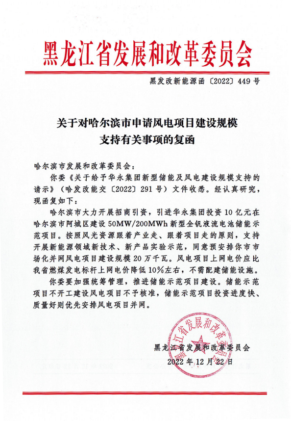 50MW/200MWh Large-scale Energy Storage Demonstration Project with 200,000kw Wind Power Quota of Chinayong New Energy in Harbin has been Approved by Heilongjiang Provincial Development and Reform Commission